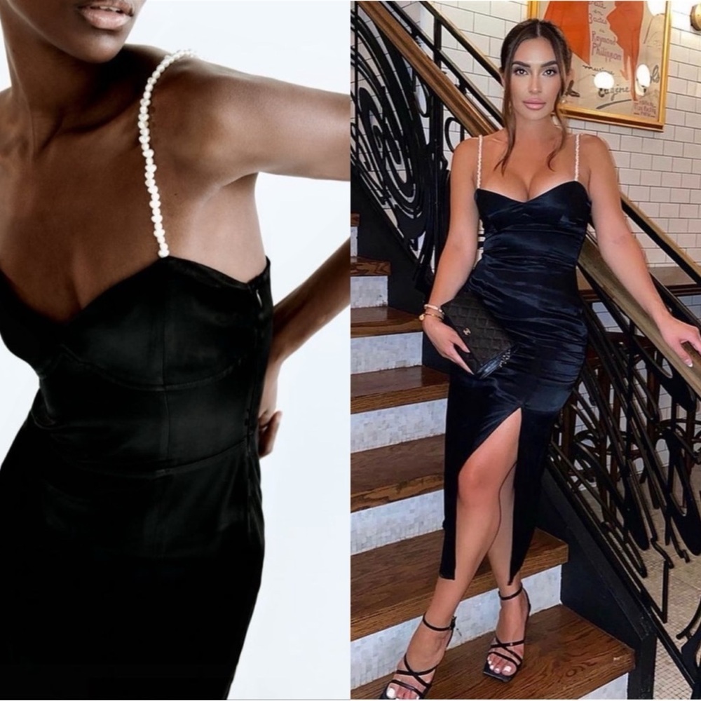 Zara Black Satin Slip Dress with Pearl Straps​​​
